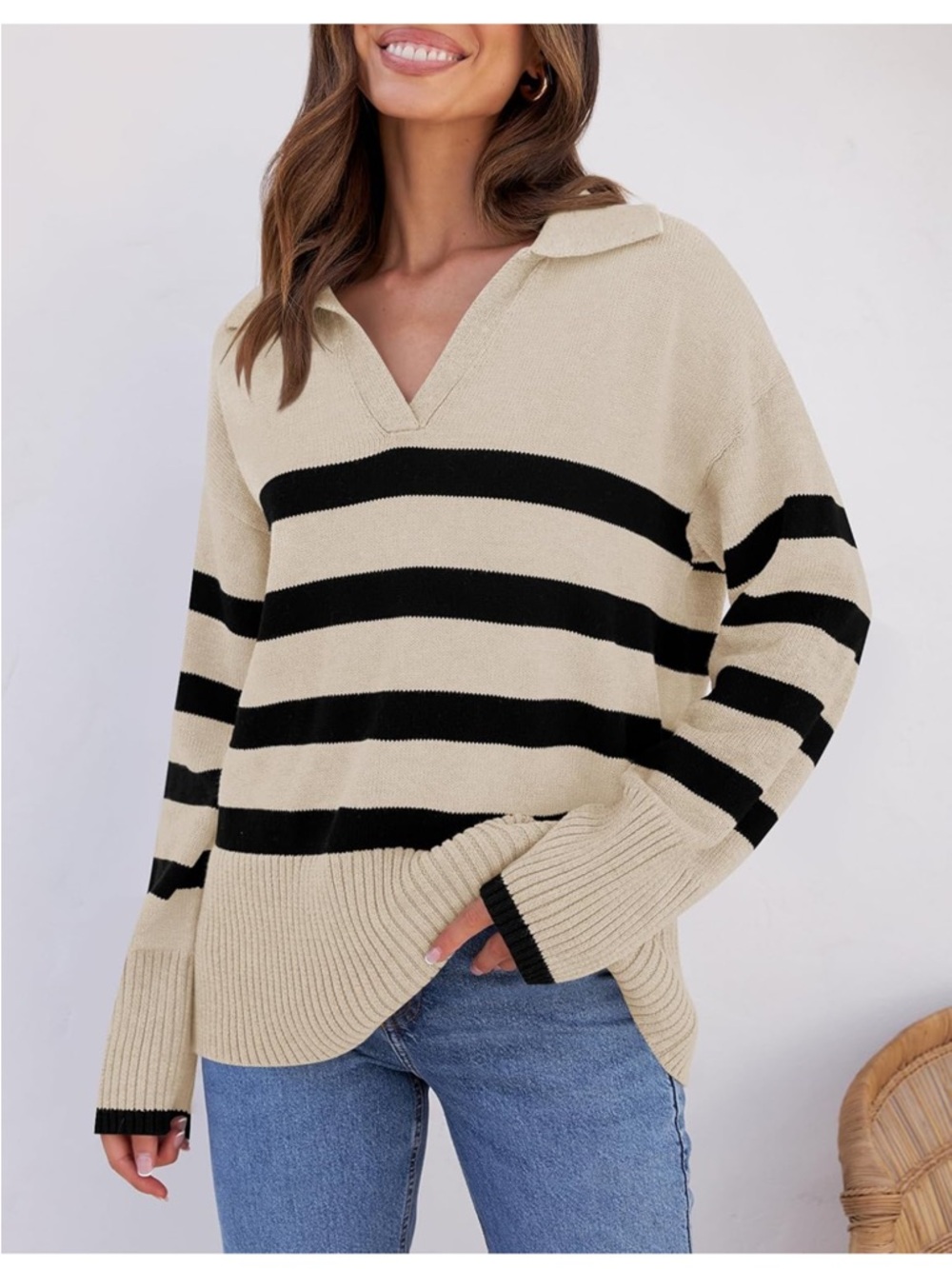 Zesica Striped V-Neck Collared Sweater - Size Medium, Preppy Stripe Pattern